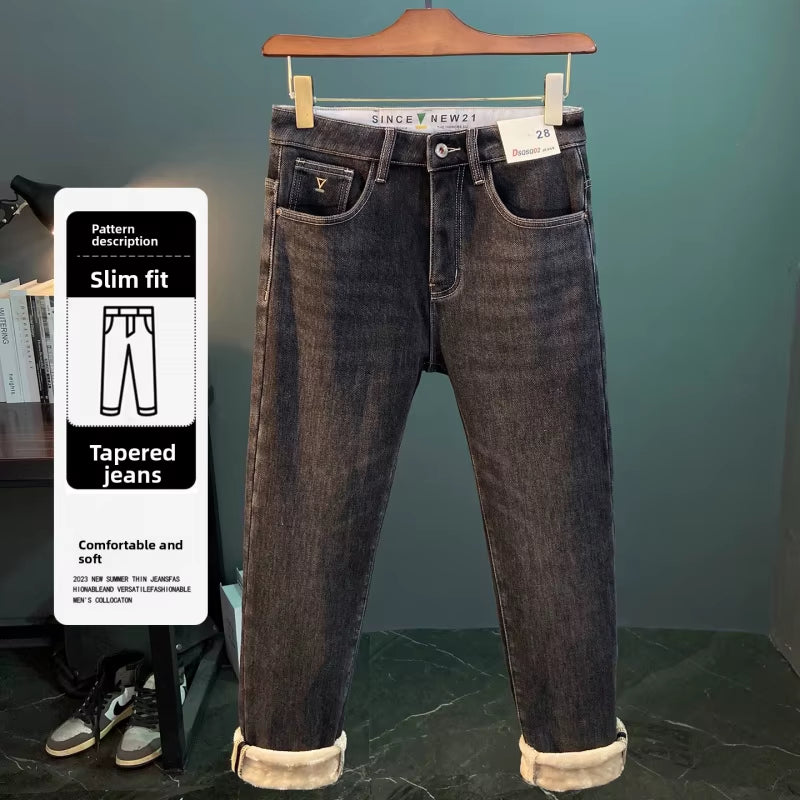2025 Winter Plush Thick Jeans for Men, Casual, Simple, High End, Slim Fit, Small Feet, High End, Cold Resistant, Warm Pants