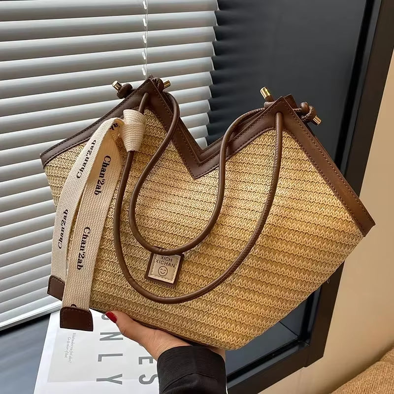 Straw Beach Bag Vintage Handmade Woven Shoulder Bag Raffia Circle Rattan Bags Bohemian Summer Vacation Casual Bags