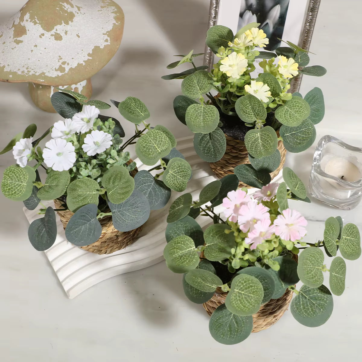 Green Artificial Plants Eucalyptus Flowers Woven Small Potted Plants Grass Mound 11Cm PE Material Home Decoration