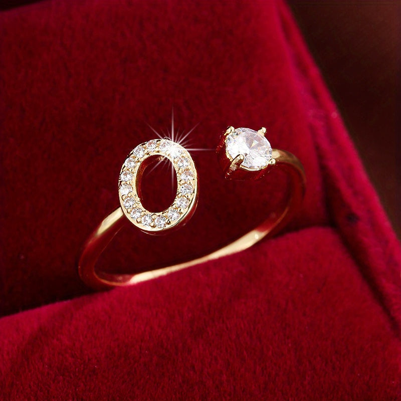 Fashionable 26 English Letters Four-Prong Synthetic Synthetic Zirconia Open Adjustment Ring Beauty Fashion