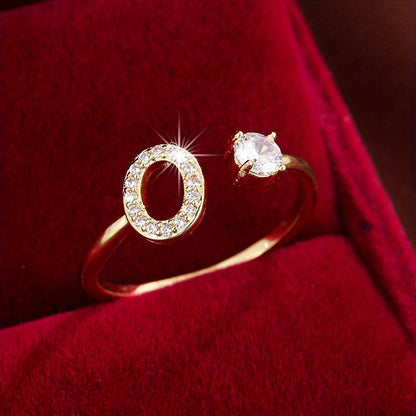 Fashionable 26 English Letters Four-Prong Synthetic Synthetic Zirconia Open Adjustment Ring Beauty Fashion