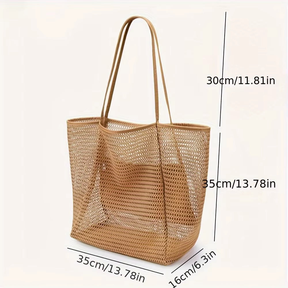 Women'S Large Capacity Beach Tote Bag - Durable Polyester Woven Shoulder Bag with Open Top for Travel, Shopping