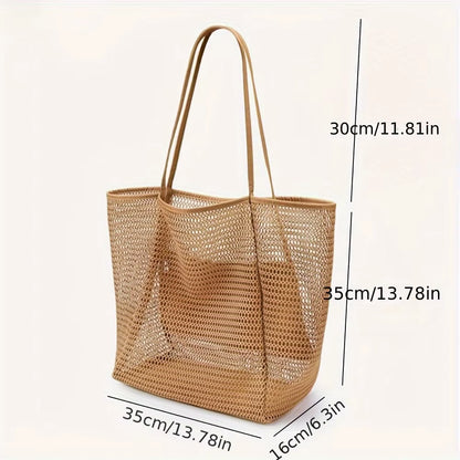 Women'S Large Capacity Beach Tote Bag - Durable Polyester Woven Shoulder Bag with Open Top for Travel, Shopping
