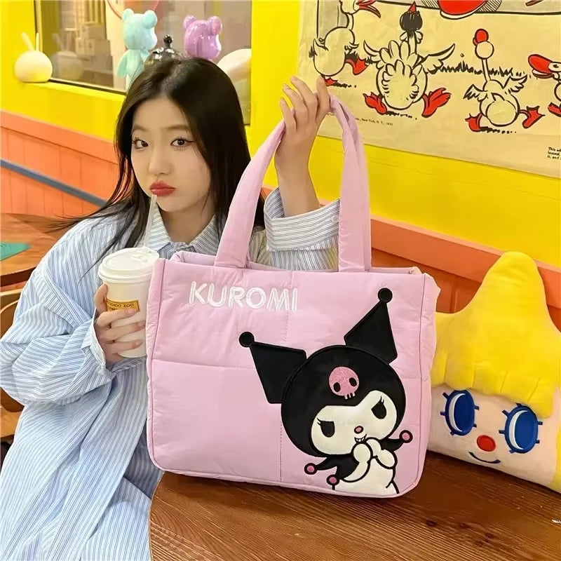 Sanrio Cartoon Fabric Kuromi Handbag Cute Stationery Shoulder Bag Large Capacity Bag 2024