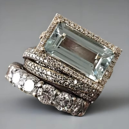 2025 New Fashion Three Piece Set Blue Square Zircon Rings for Women Party Idea Gifts Custom Jewelry