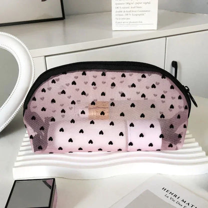 Nylon Mesh Cosmetic Bag Zipper Heart Shaped Toiletry Organizer Makeup Bags Multifunctional Women Lipstick Key Coin Purse Pouch