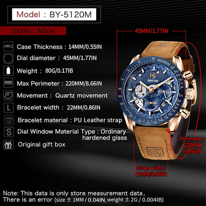 BENYAR Watches For Men Analog Quartz Chronograph Luminous Big Face Mens Watches Business Work Sport Casual Fashion Designer Dress Men'S Wrist Watches Elegant Gift For Men Beauty World Shop