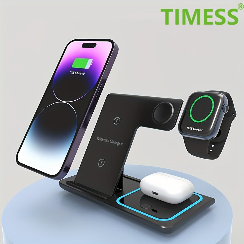 TIMESS-Wireless Charging Station 3-in-1 Standard 15W Fast Mag-Safe Charger Stand with QC3.0 Adapter, Suitable for iPhone 15 14 13 12 11 X 8 Pro Max/Pro/Mini/Plus, for iWatch Ultra 9/8 7/6/5/4/3/2, for Airpods 3/2 Beauty Fashion
