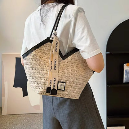 Straw Beach Bag Vintage Handmade Woven Shoulder Bag Raffia Circle Rattan Bags Bohemian Summer Vacation Casual Bags