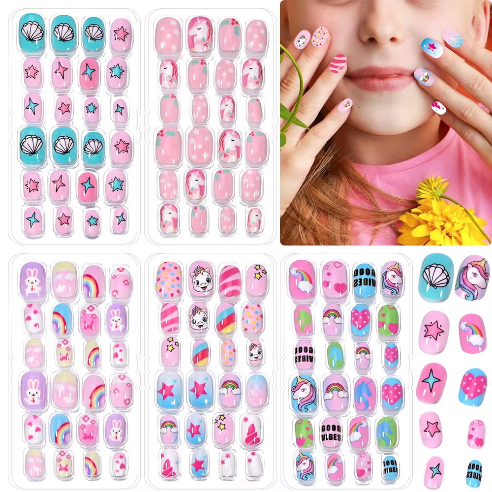 120Pcs/Box Cartoon Gril Princess Children Press on Nails 6-14Years Kawaii Cat/Flowers/Rainbow Nail Tips with Jelly Gel Girl Gift