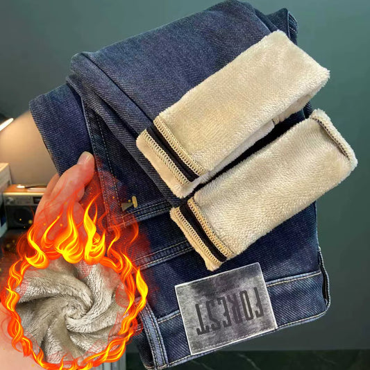 2025 Winter Plush Thick Jeans for Men, Casual, Simple, High End, Slim Fit, Small Feet, High End, Cold Resistant, Warm Pants