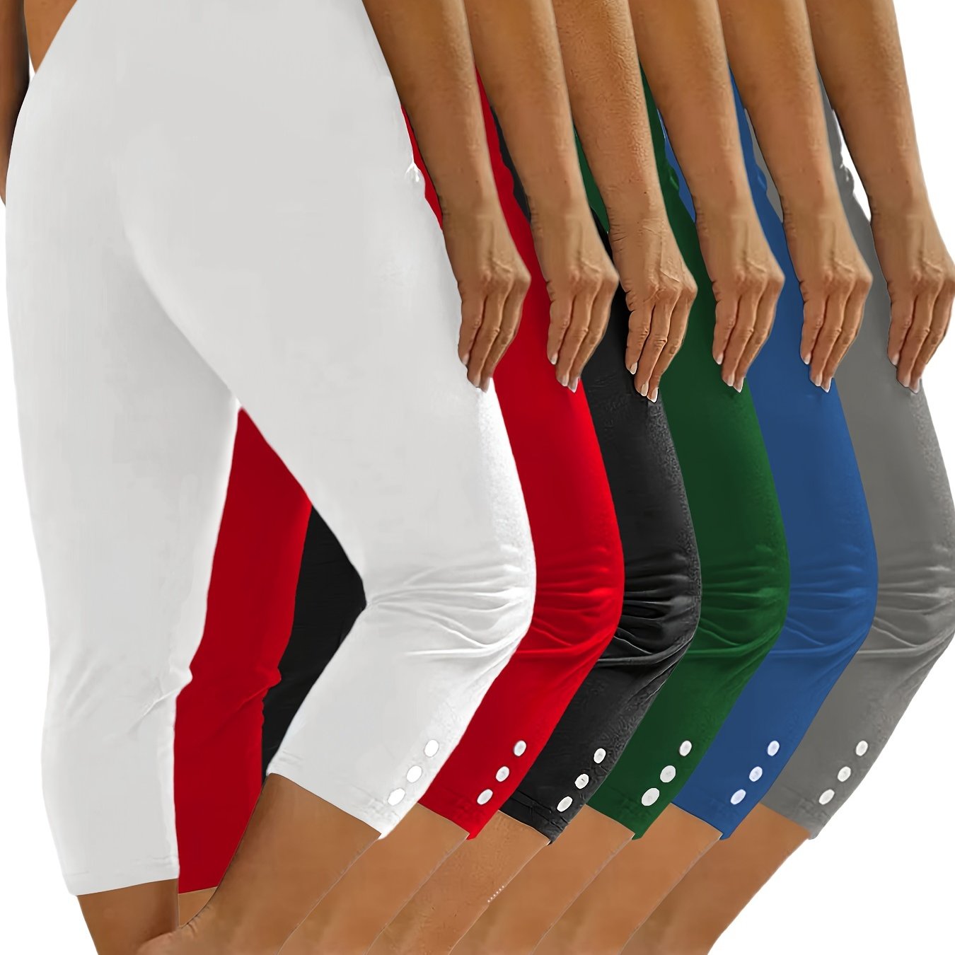 6-Pack Women's Fashion Sport Cropped Leggings, Casual Skinny Yoga Pants With Button Accents, Stretch Activewear, Multiple Colors Beauty World Shop