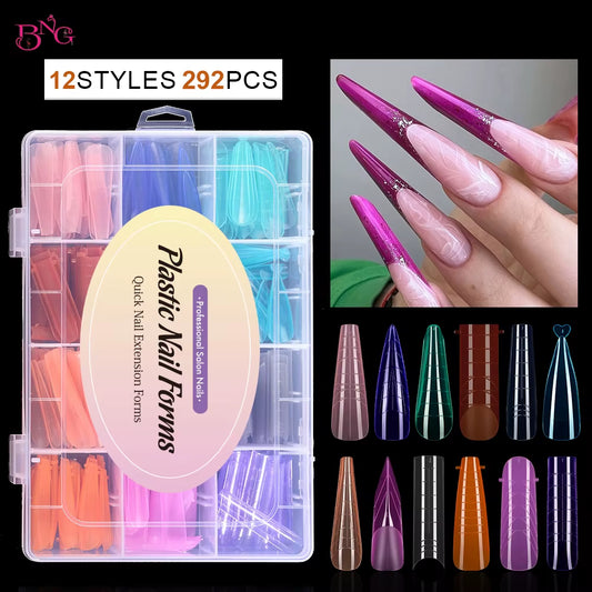 BNG 292Pcs/Box Dual Forms for Nail Extension Colorful Nail Molds 12 Style Nail Dual Forms for Builder Manicure Art Design Salon