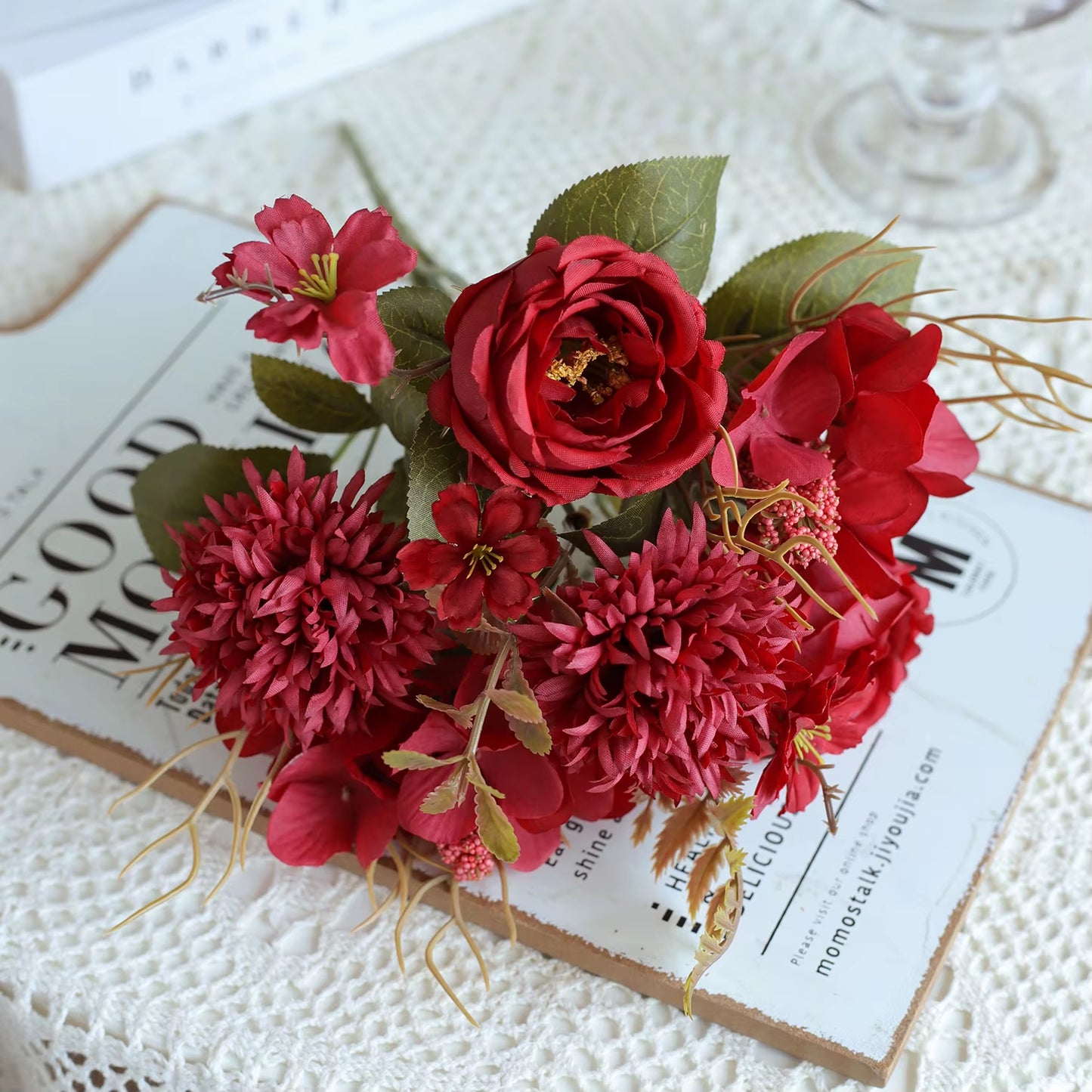 1PC Artificial Rosesflowers New Year'S Home Decoration Wedding Bridal Bouquet Garden Fake Silk Peony Hydrangeas Vase for Board