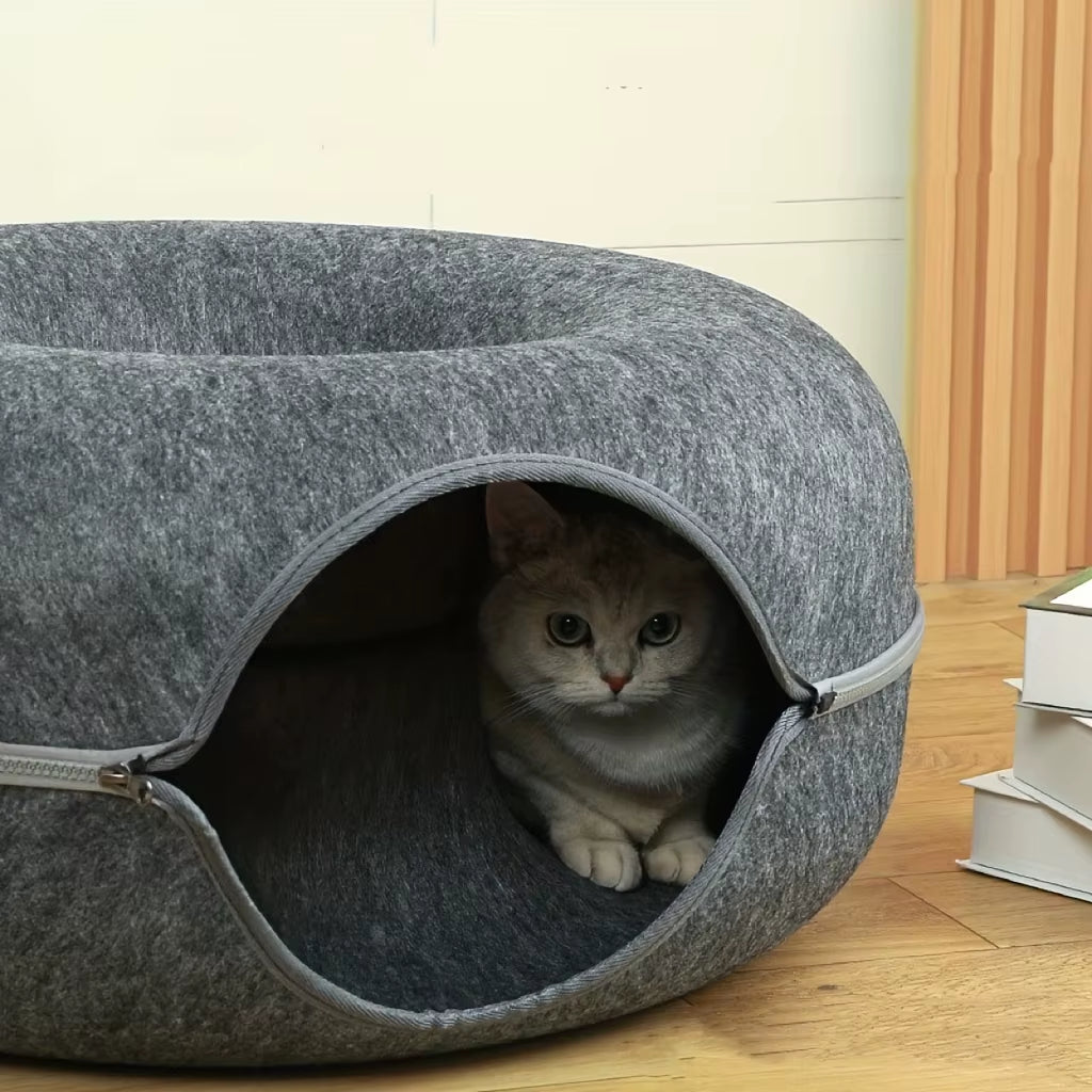 Wool Felt Cat Tunnel Nest – Modern Style Uncharged Donut Bed, Detachable & Washable All-Season Cat House, 1Pc Cozy Cat Condo