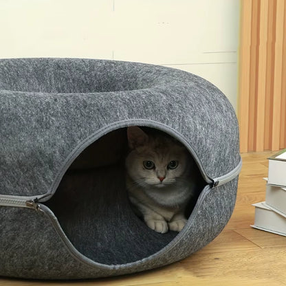 Wool Felt Cat Tunnel Nest – Modern Style Uncharged Donut Bed, Detachable & Washable All-Season Cat House, 1Pc Cozy Cat Condo