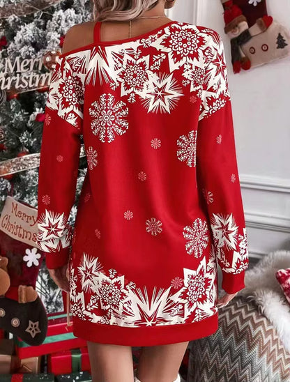 New Christmas Snowflake Print off Shoulder Dress Women Fashion Winter Long Sleeve Loose Party Mini Dresses for Women 2025