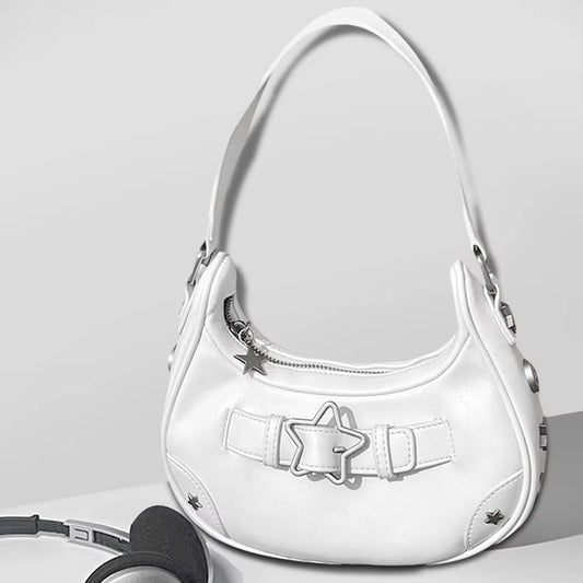 Women Shoulder Handbag Vintage Y2K Casual Hobos Zipper Star Decor Solid Color Gift for Girls Ladies Purse Tote Bag