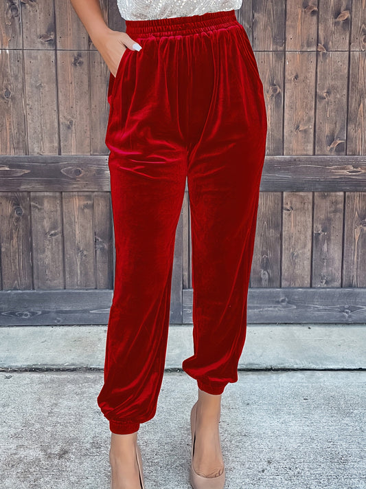 Long Length Solid Color Polyester Straight Leg Pants with Elastic Waist and Slant Pockets - Comfortable and Versatile Weekend Casual Wear for Women - Micro Elasticity, Velour Lining, and No Belt Needed Beauty Fashion