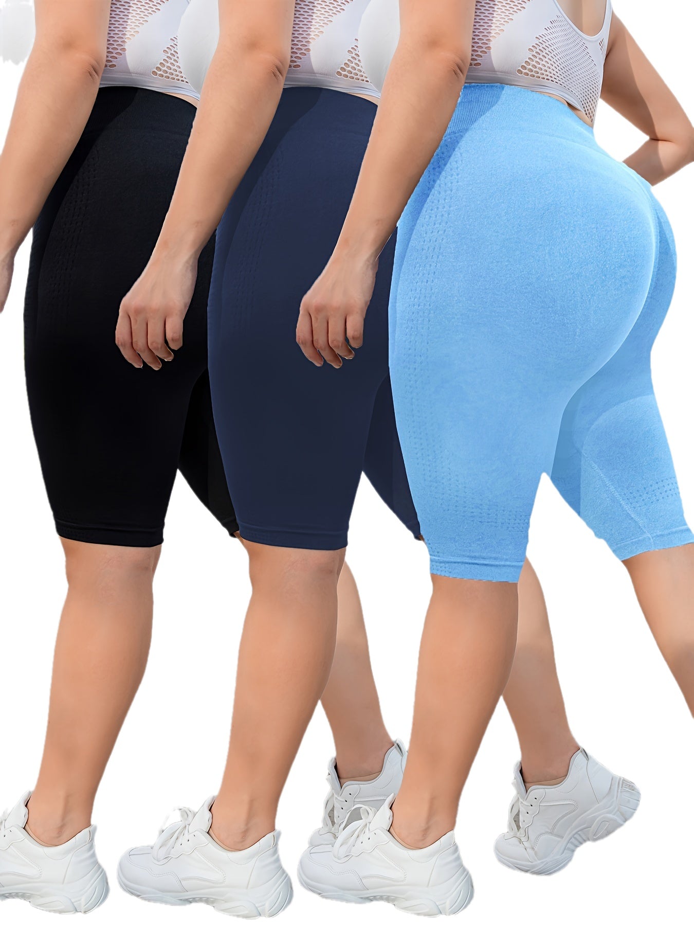 3-Pack Plus Size Yoga Shorts For Women, High Waist Peach Lift, Stretchy, Butt-lifting, High Elasticity, Fitness Activewear, Quick-Dry, Seamless Sport Shorts Set