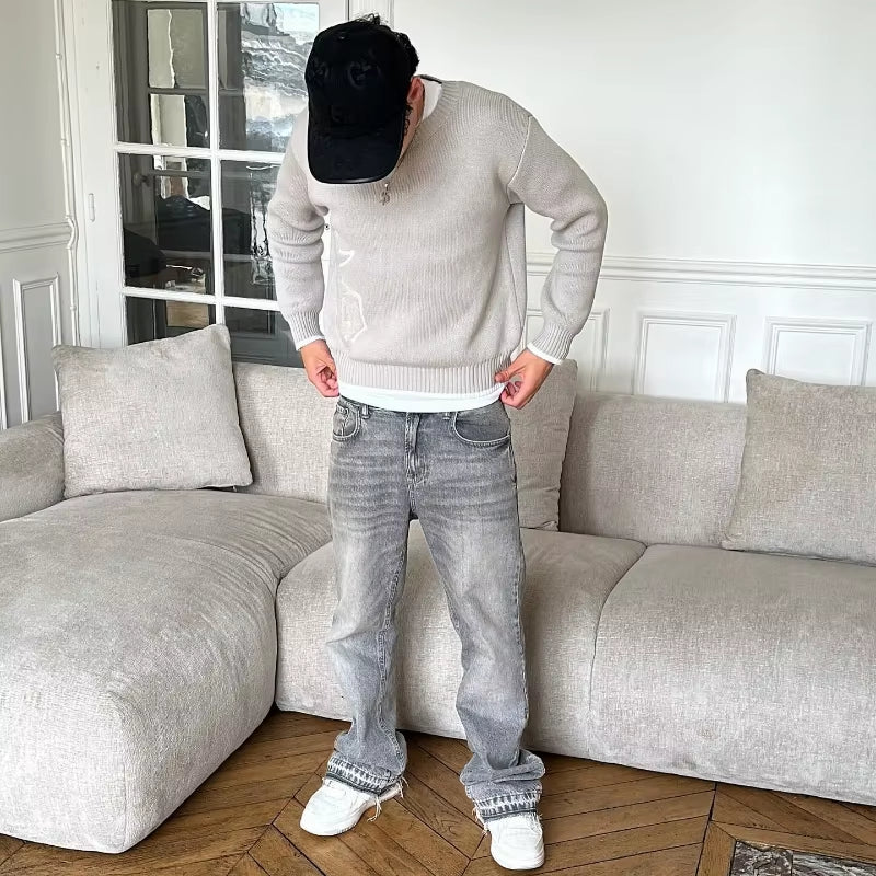 Y2K Retro Flare Jeans Washed Distressed Dollar Embroidery Denim Pants Men Trend Old Money Clean Streetwear Wide Leg Baggy Jeans