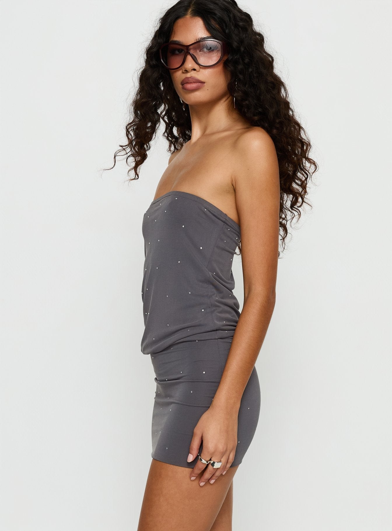 Belia Mini Dress Diamante Dark Grey Princess Polly