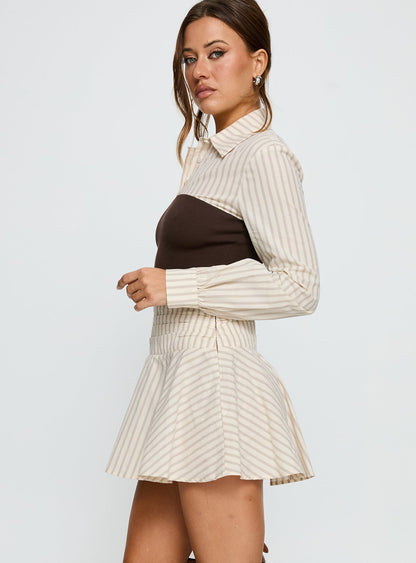 Belva Long Sleeve Corset Shirt Mini Dress Brown Stripe Princess Polly