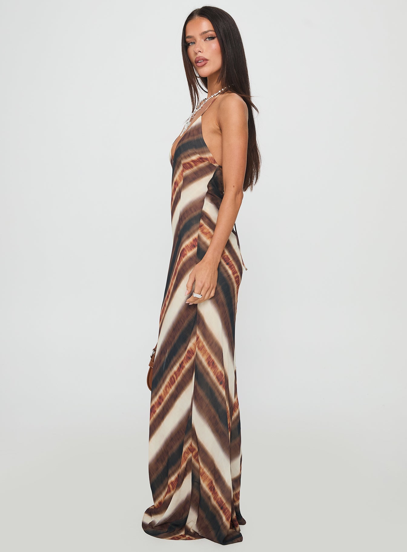 Esmira Halter Maxi Dress Brown Stripe Princess Polly
