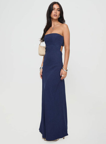 Yahir Strapless Maxi Dress Navy Princess Polly