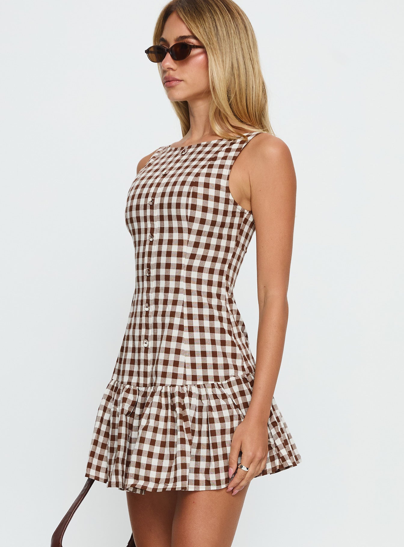 Kolbie Boat Neck Frill Mini Dress Brown Gingham Princess Polly