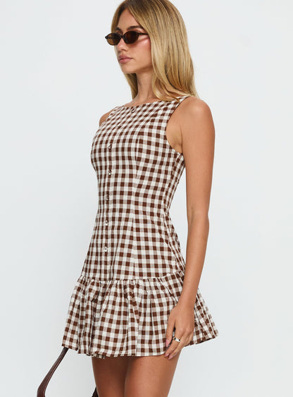 Kolbie Boat Neck Frill Mini Dress Brown Gingham Princess Polly