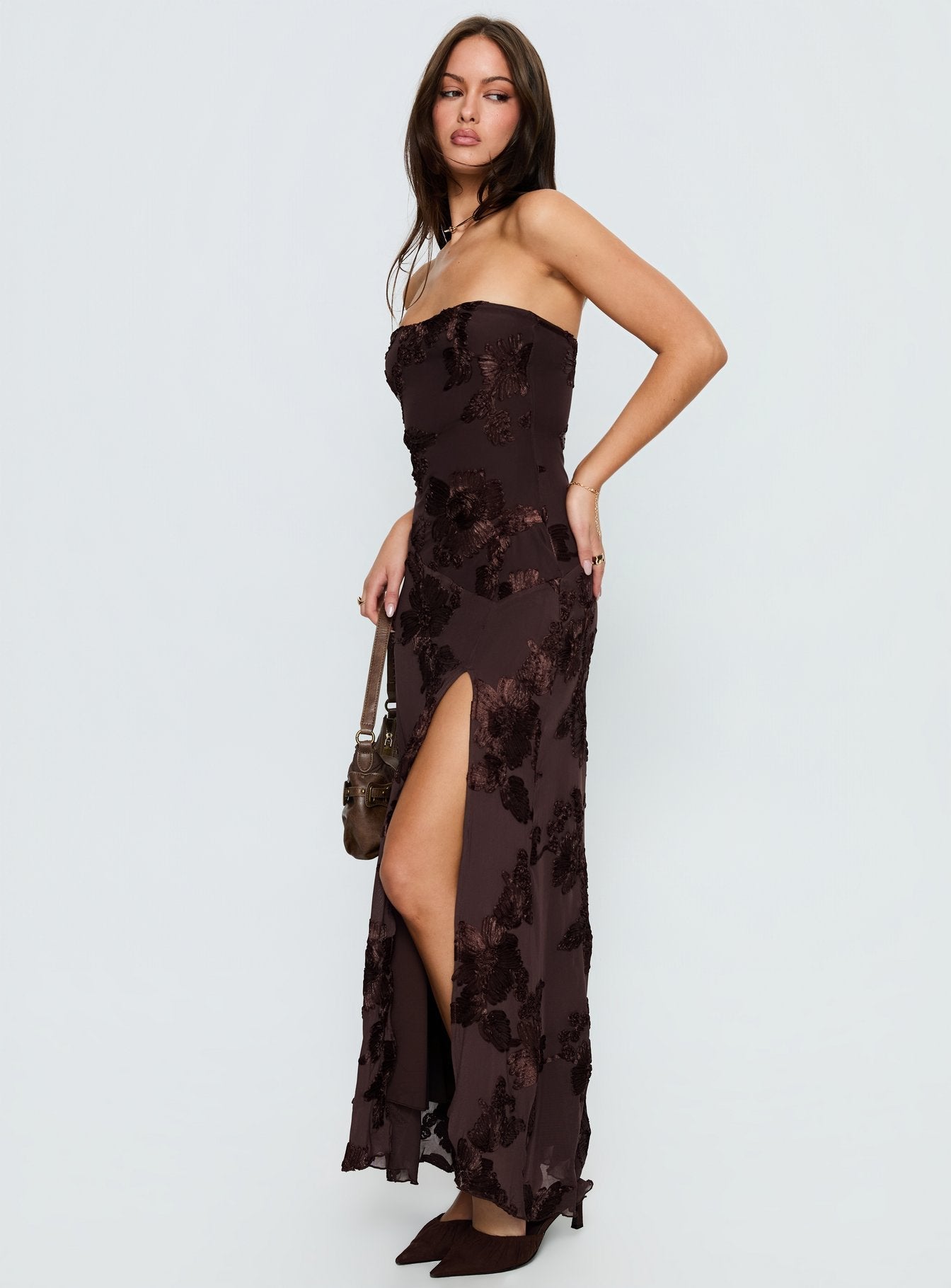 Maribeth Strapless Floral Maxi Dress Chocolate Brown Princess Polly