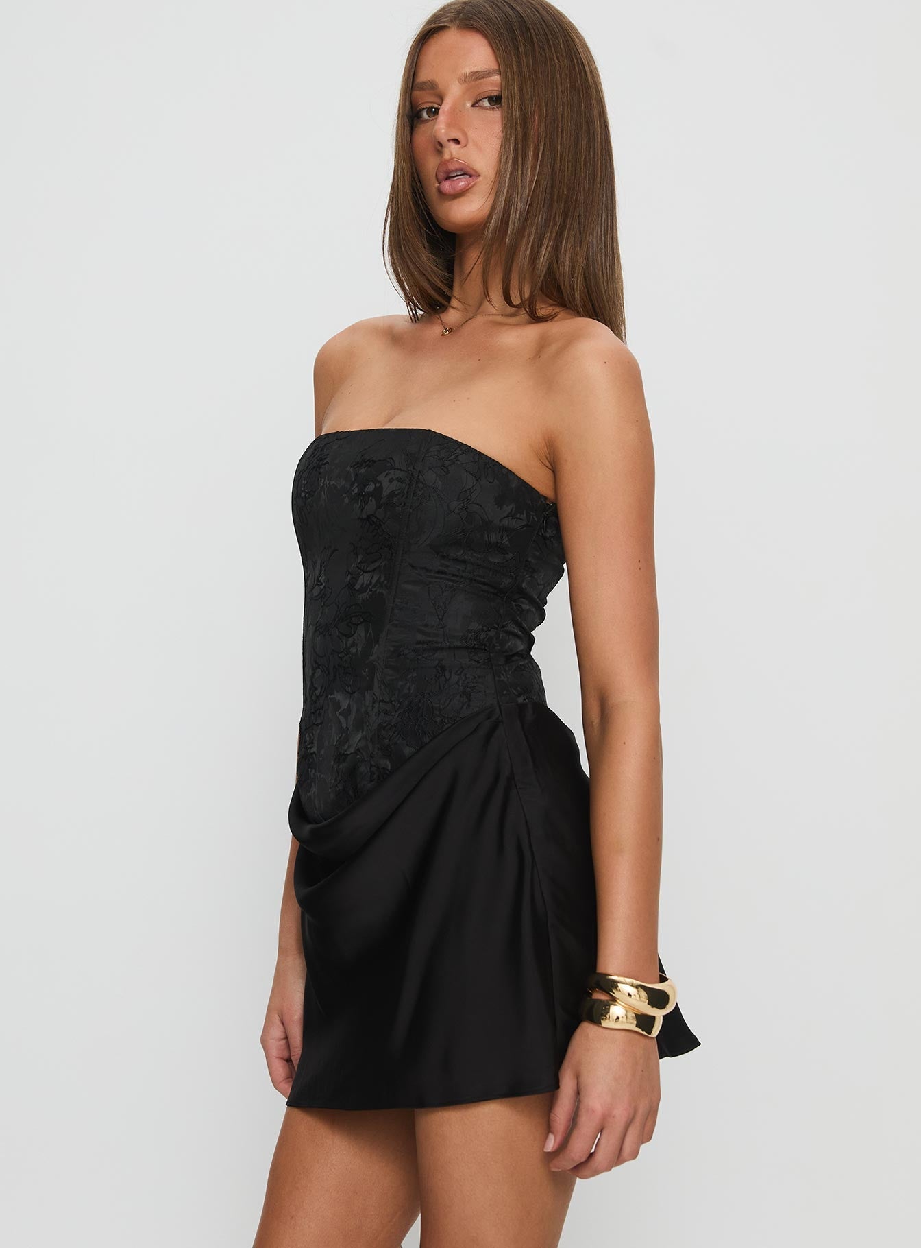 Jenevieve Strapless Drape Mini Dress Black Princess Polly