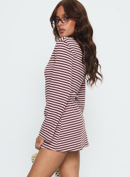 Lulolah Long Sleeve Mini Dress Chocolate / Pink Stripe Princess Polly