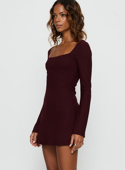 Encounters Long Sleeve Mini Dress Wine Princess Polly