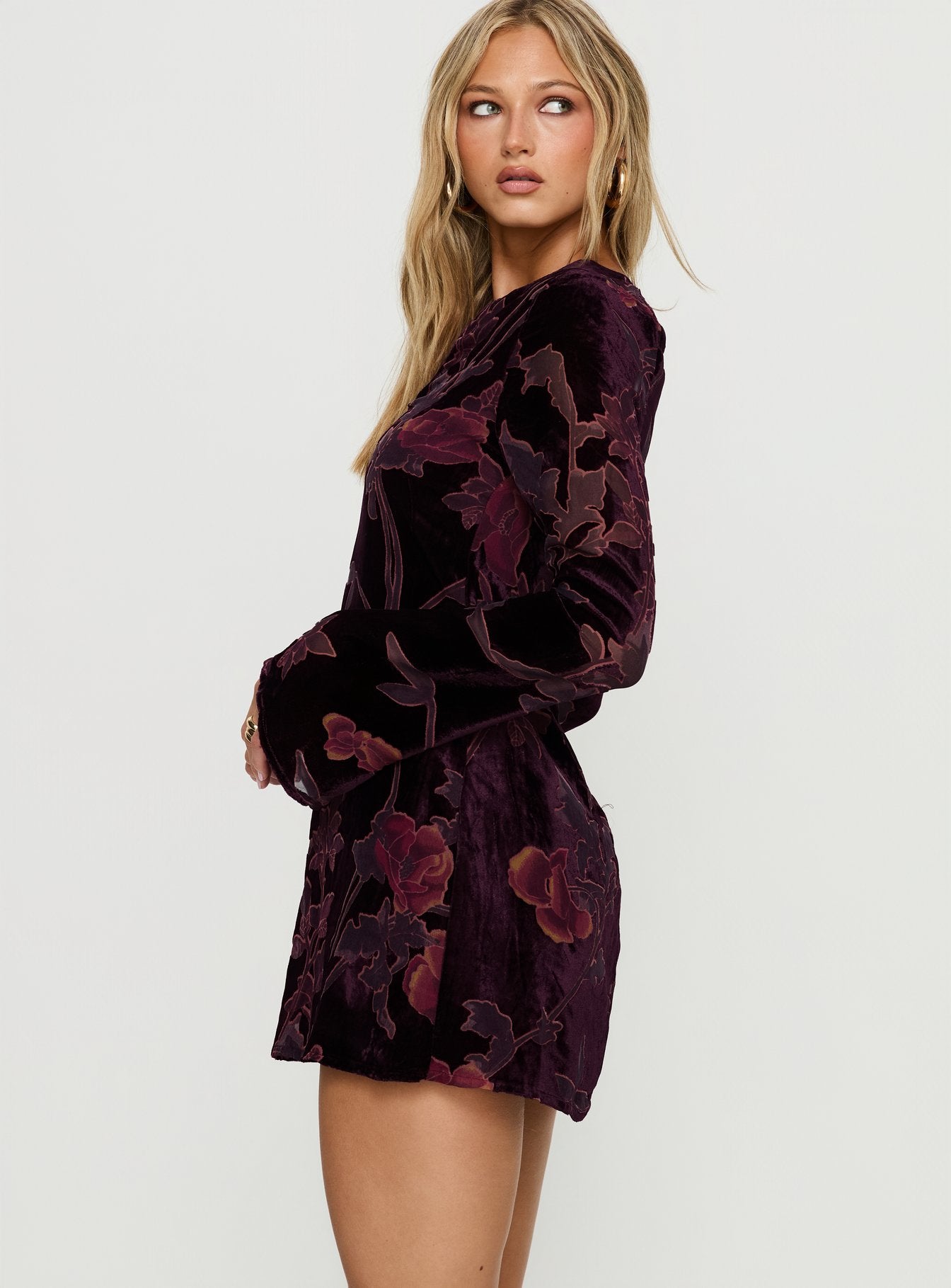 Alitra Long Sleeve Mini Dress Floral Devore Burgundy Princess Polly