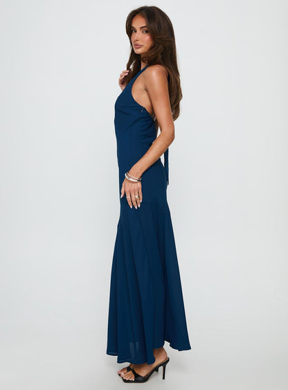 Luannie Halter Scarf Tie Maxi Dress Navy Princess Polly