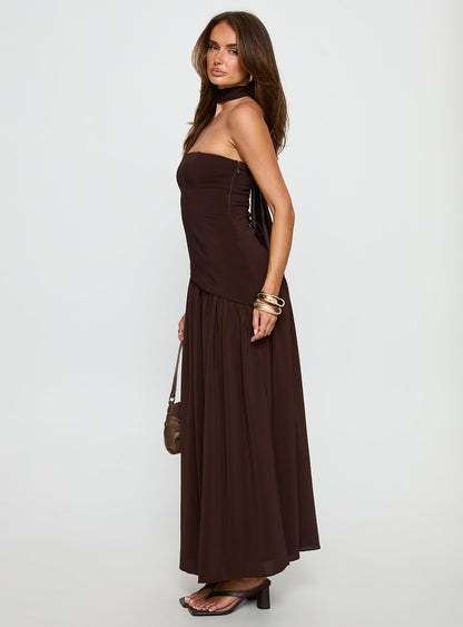 Odela Strapless Drop Waist Maxi Dress Chocolate Princess Polly