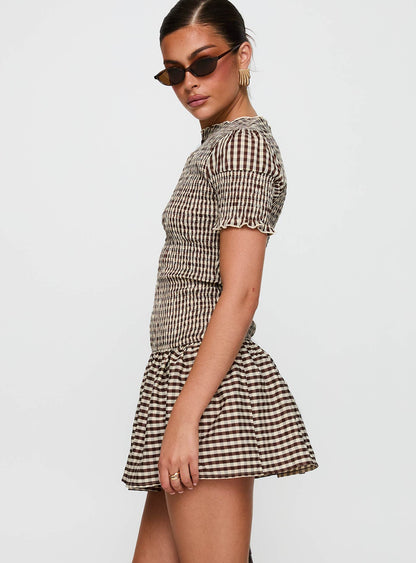 Laurita Shirred Mini Dress Brown Check Princess Polly