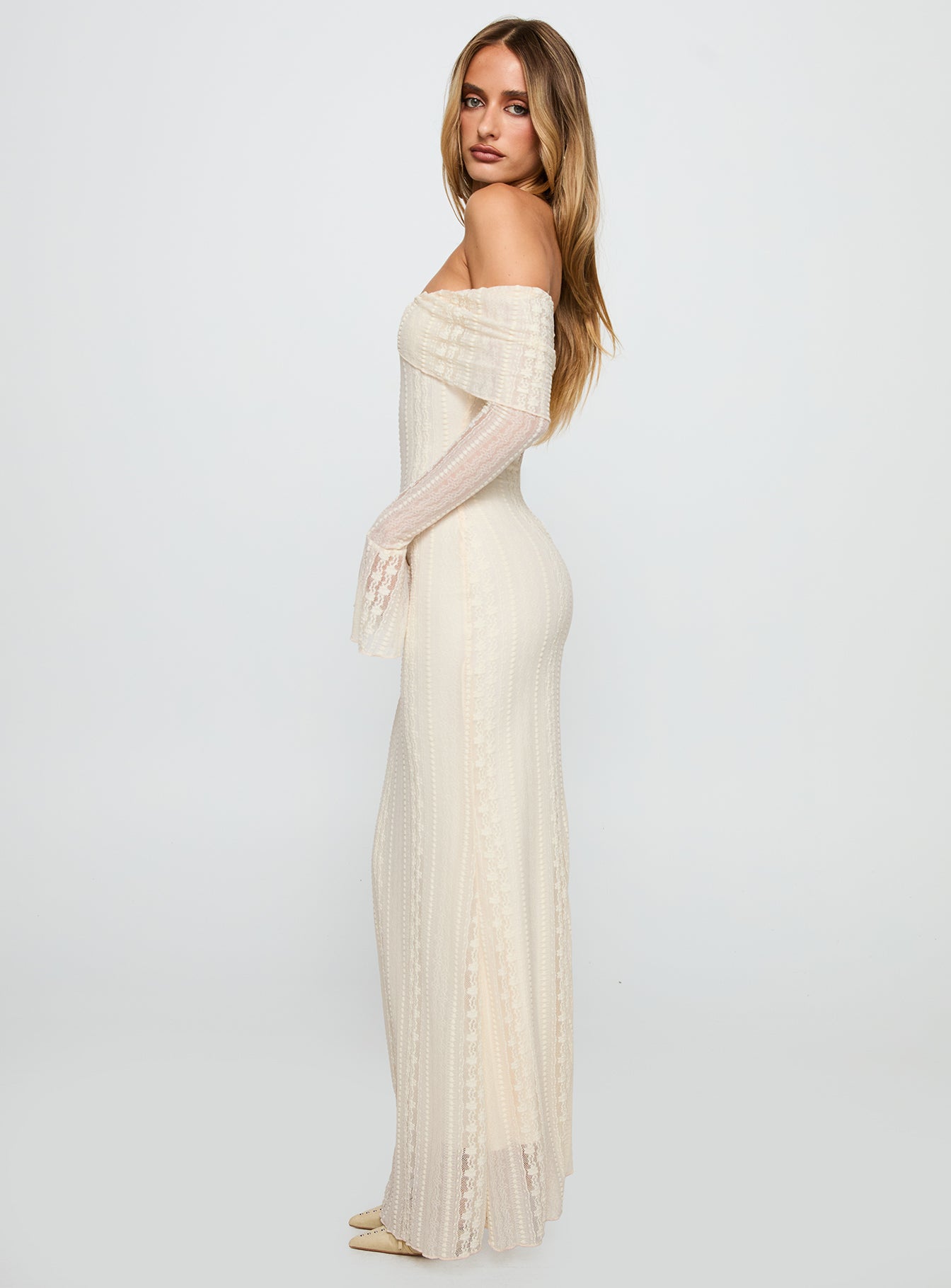 Perdita Long Sleeve Lace Maxi Dress Cream Princess Polly