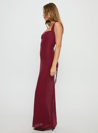 Crisanto Tie Up Ruched Maxi Dress Burgundy Princess Polly
