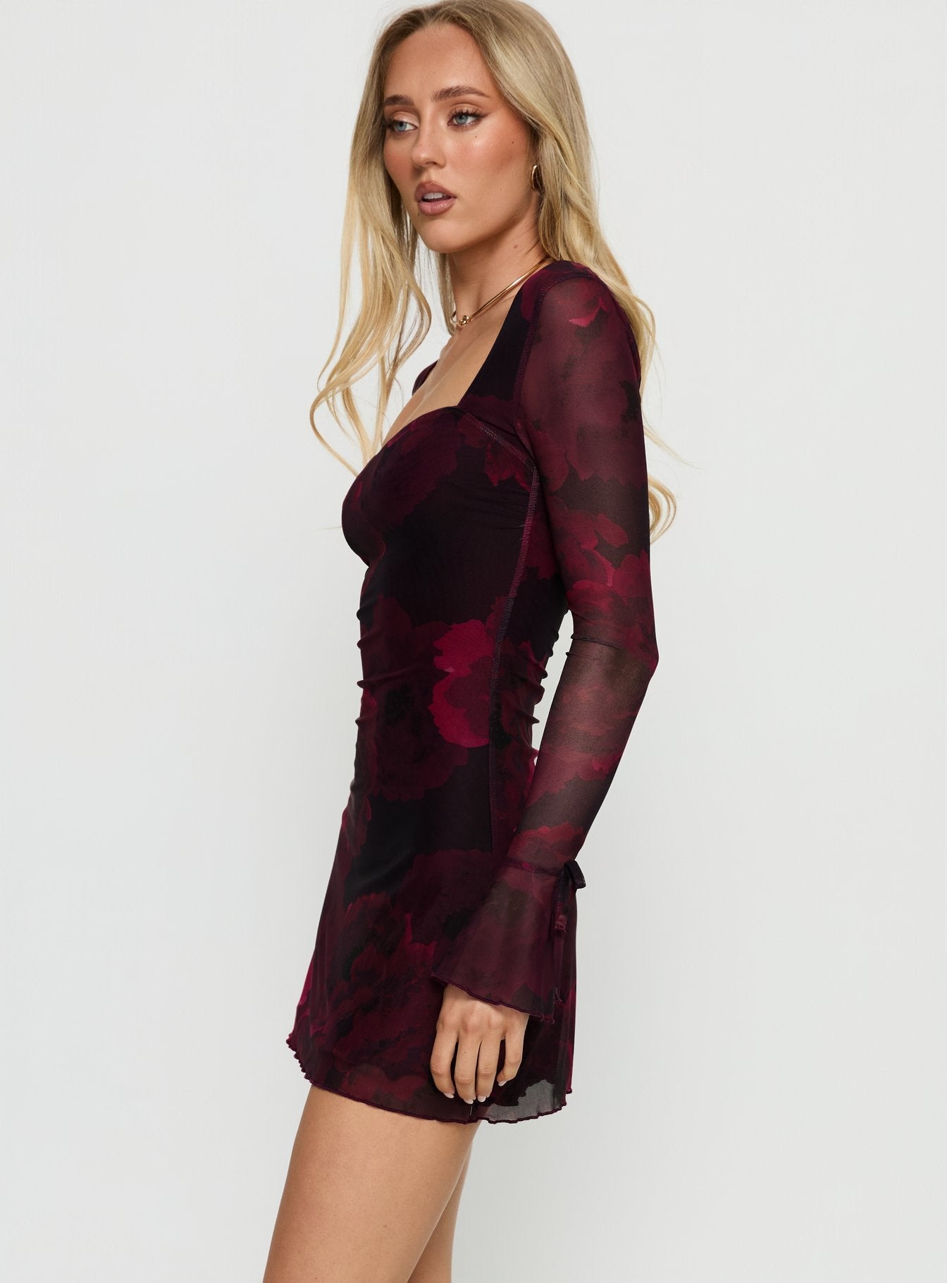 Dalzine Long Sleeve Mini Dress Burgundy Floral Princess Polly