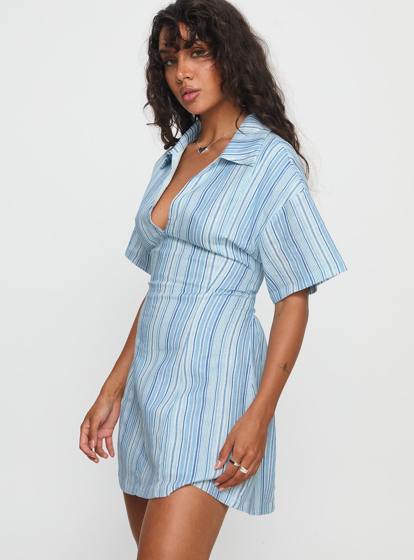 Wylla V Neck Linen Mini Dress Blue Stripe Princess Polly