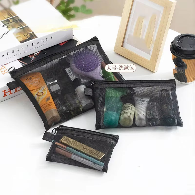 Fashion Small Large Black Organizer Toiletry and Makeup Pouch Transparent Mesh Zipper Cosmetic Bag Women Necessary Organizer
