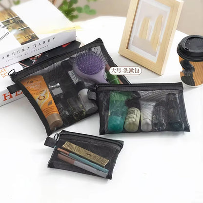 Fashion Small Large Black Organizer Toiletry and Makeup Pouch Transparent Mesh Zipper Cosmetic Bag Women Necessary Organizer