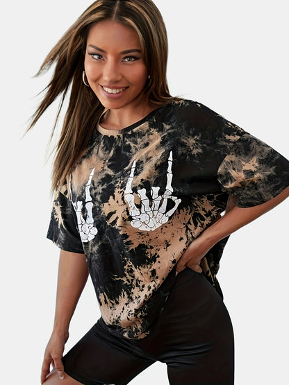Women's Casual Loose Fit Tee With Skull Hand Print, Streetwear Style, Short Sleeve Sport T-Shirt, Tie-Dye Pattern, Breathable Top Beauty World Shop