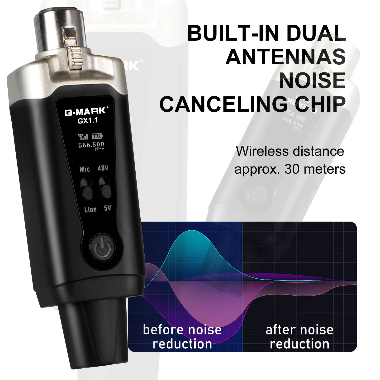 Wireless Microphone System  GX1.1 UHF XLR Adapter 16 Channels Audio Transmitter and Receiver for 48V Phantom Power Condens