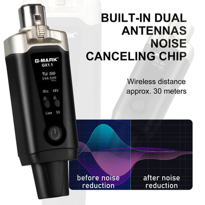 Wireless Microphone System  GX1.1 UHF XLR Adapter 16 Channels Audio Transmitter and Receiver for 48V Phantom Power Condens