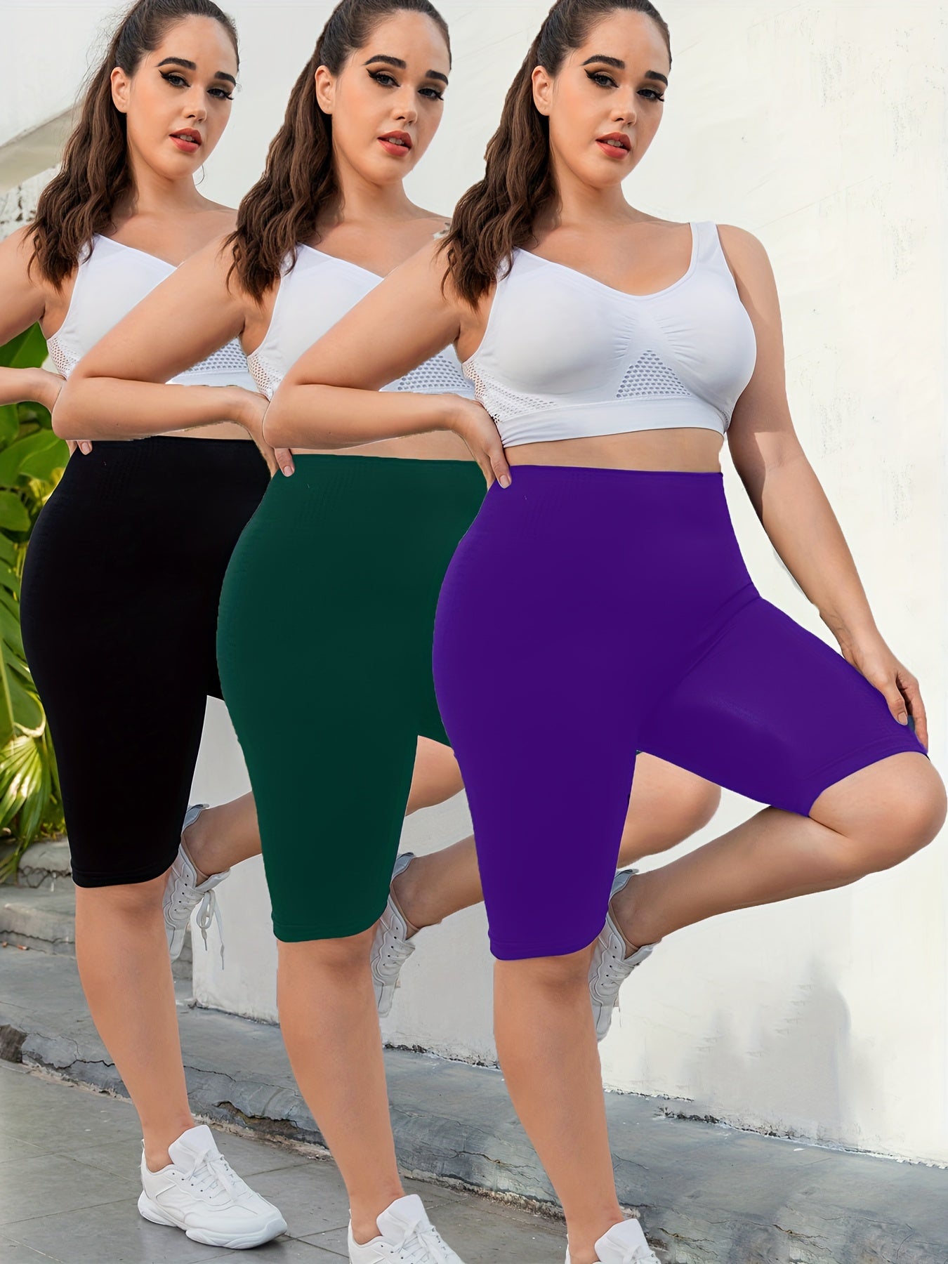 3-Pack Plus Size Yoga Shorts For Women, High Waist Peach Lift, Stretchy, Butt-lifting, High Elasticity, Fitness Activewear, Quick-Dry, Seamless Sport Shorts Set
