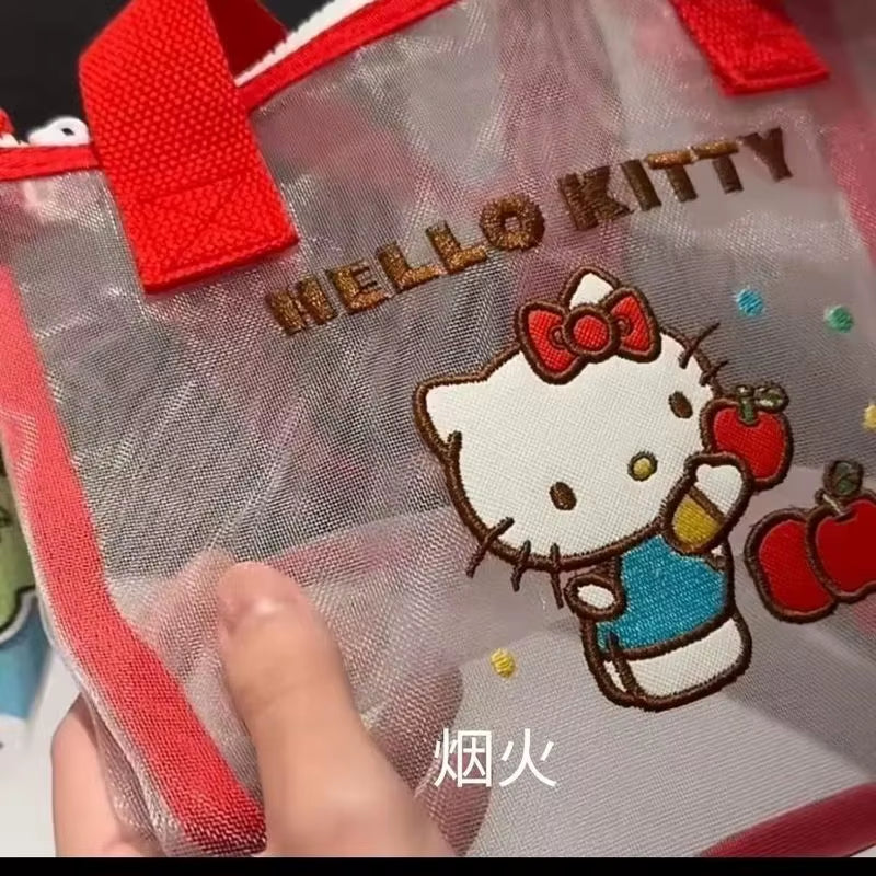 New Hello Kitty Mesh Tote Bag Cartoon Bento Bag Portable Large Capacity Hand-Held Crossbody Bag Outdoor Portable Bag
